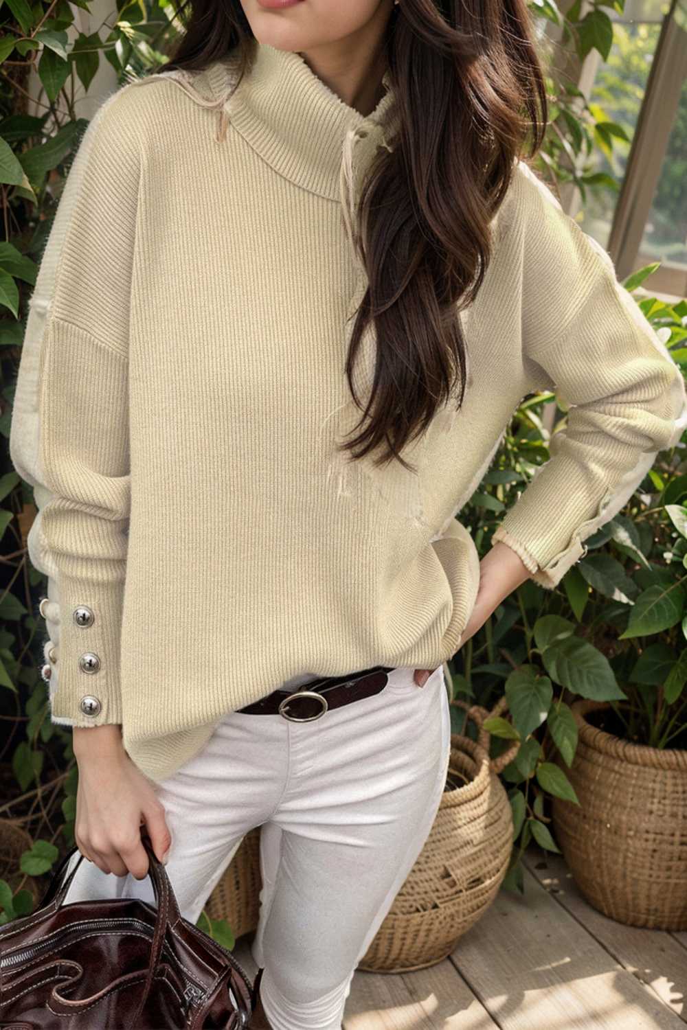turtleneck solid long sleeve knitted sweater