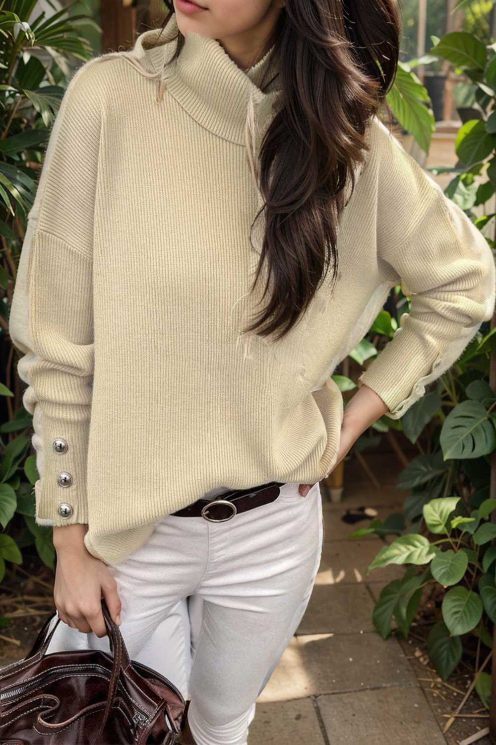 turtleneck solid long sleeve knitted sweater