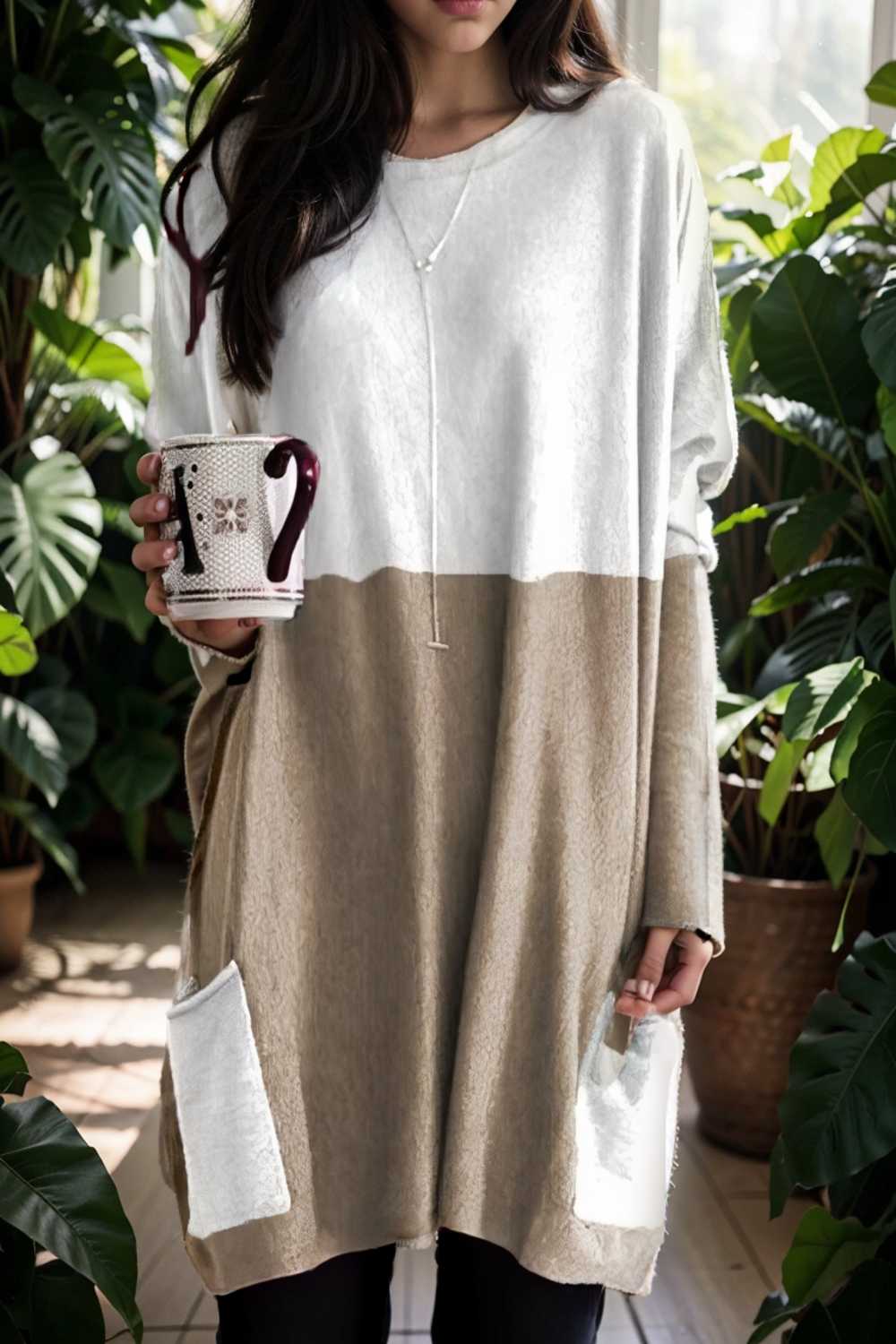 two color stitching pocket loose long sleeve t shirt