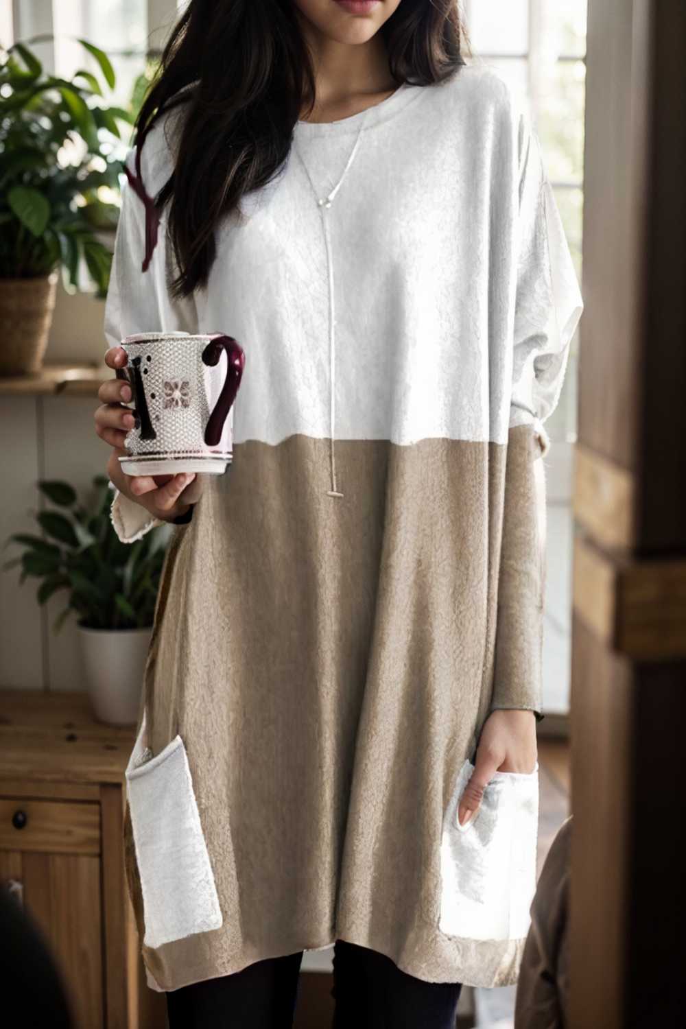 two color stitching pocket loose long sleeve t shirt