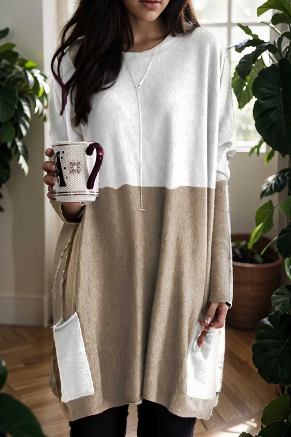 two color stitching pocket loose long sleeve t shirt