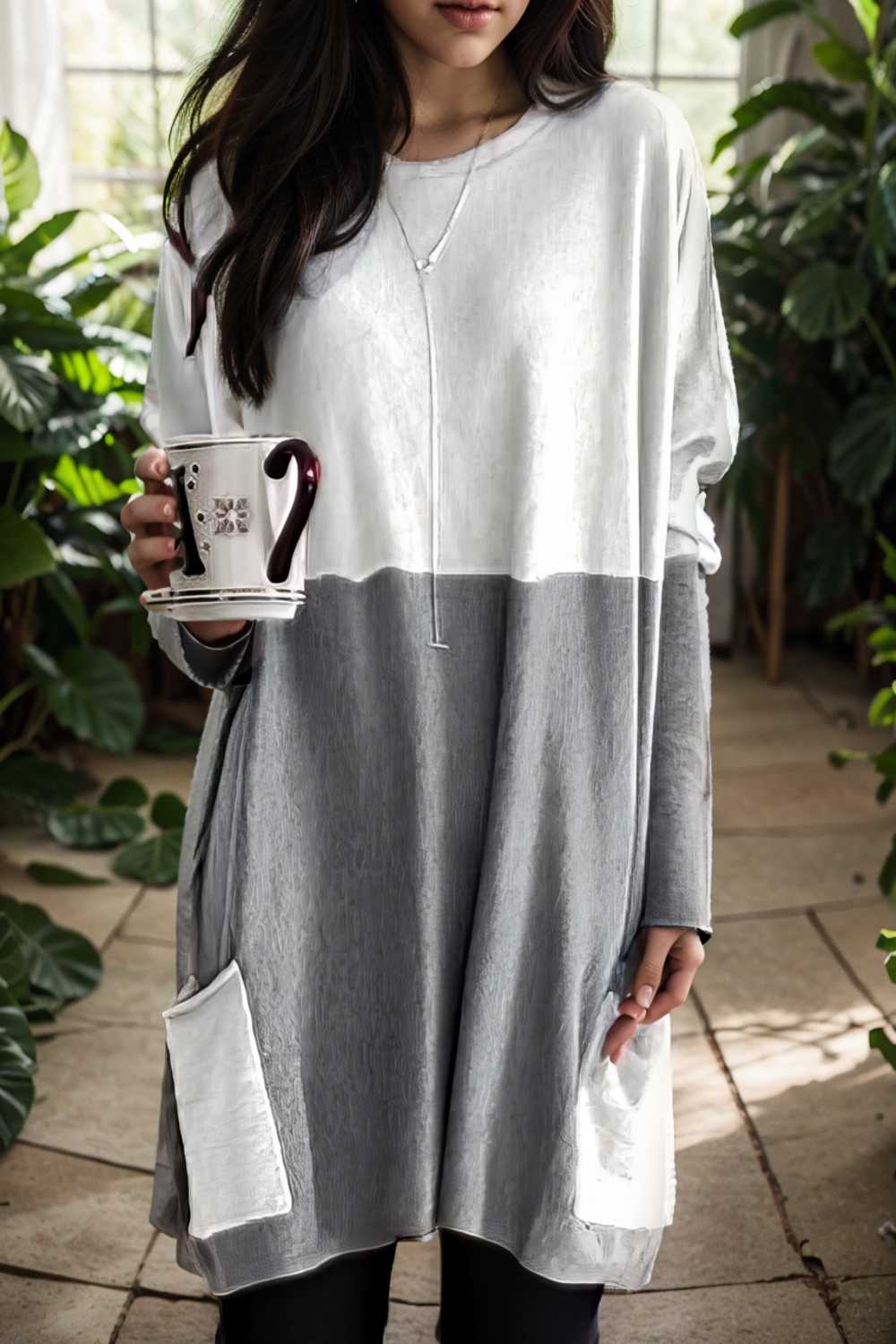 two color stitching pocket loose long sleeve t shirt