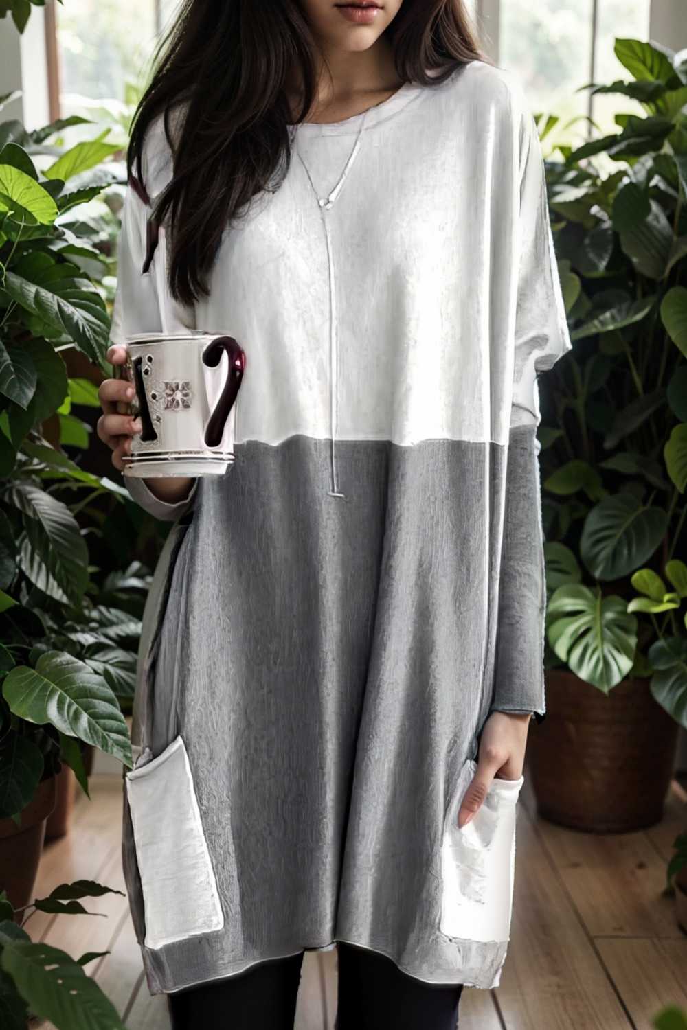 two color stitching pocket loose long sleeve t shirt