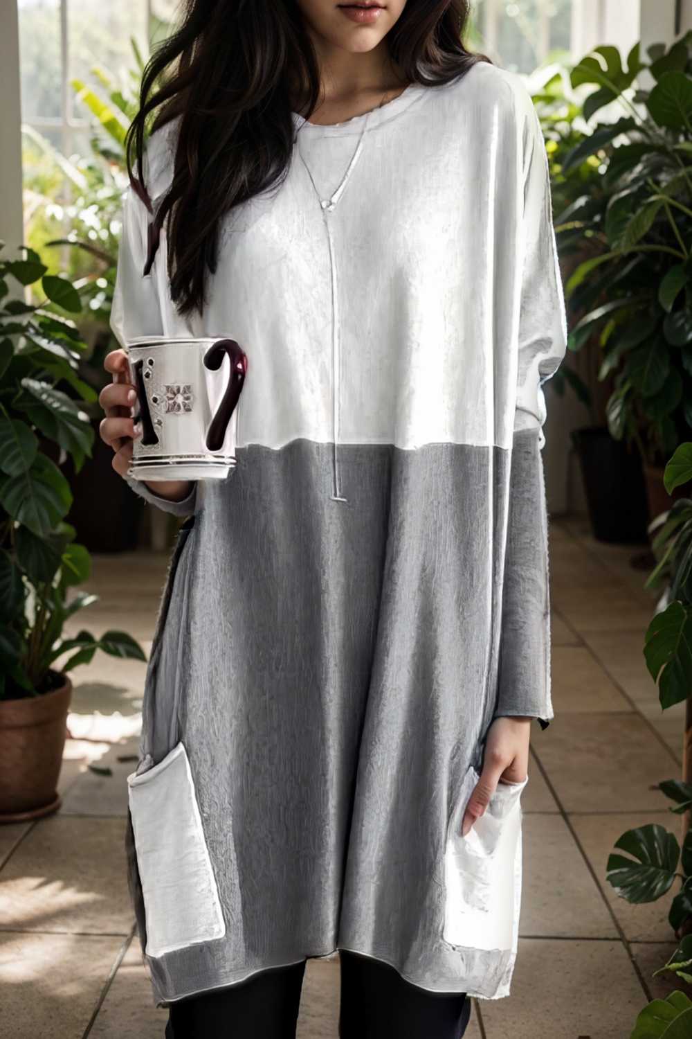 two color stitching pocket loose long sleeve t shirt