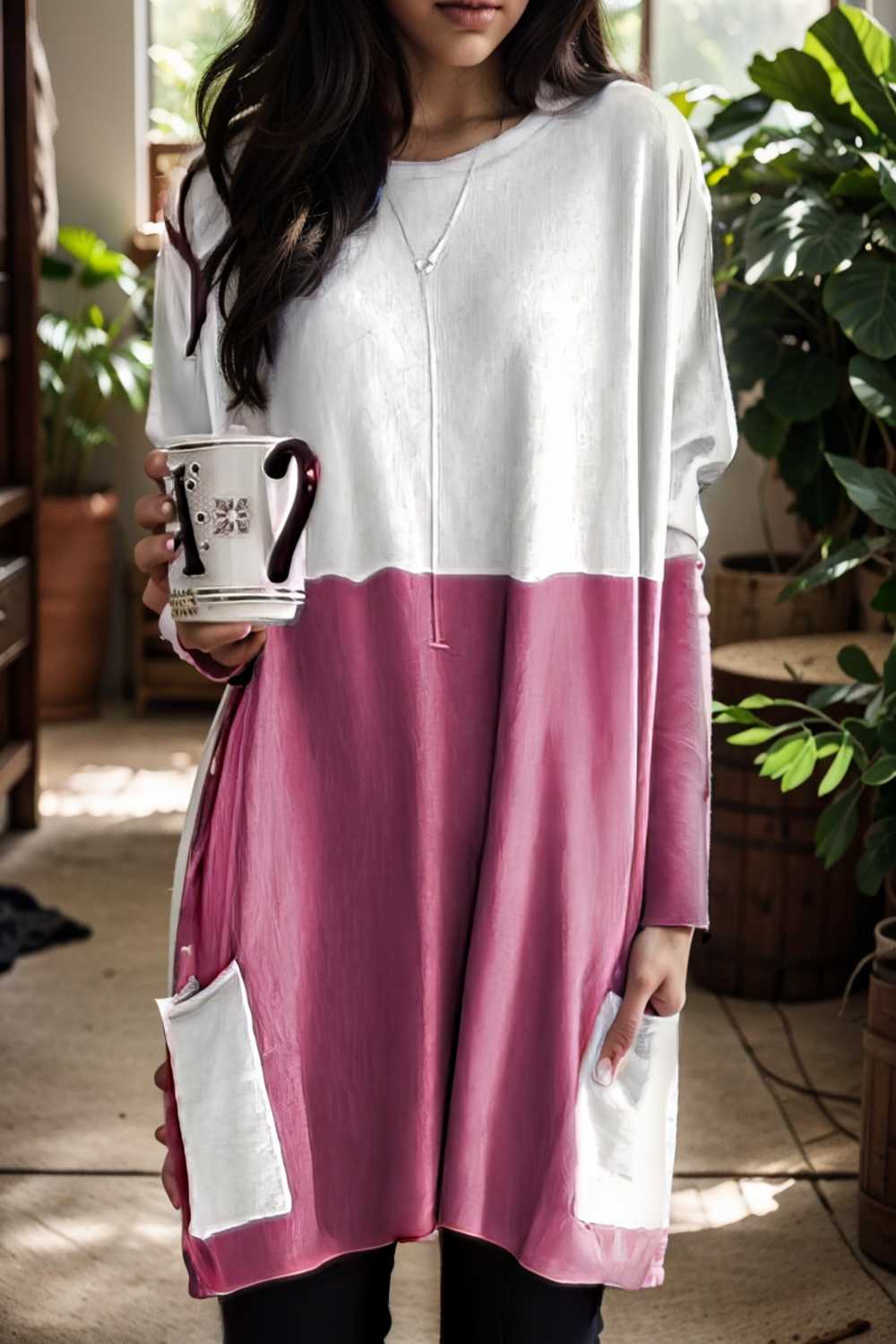 two color stitching pocket loose long sleeve t shirt