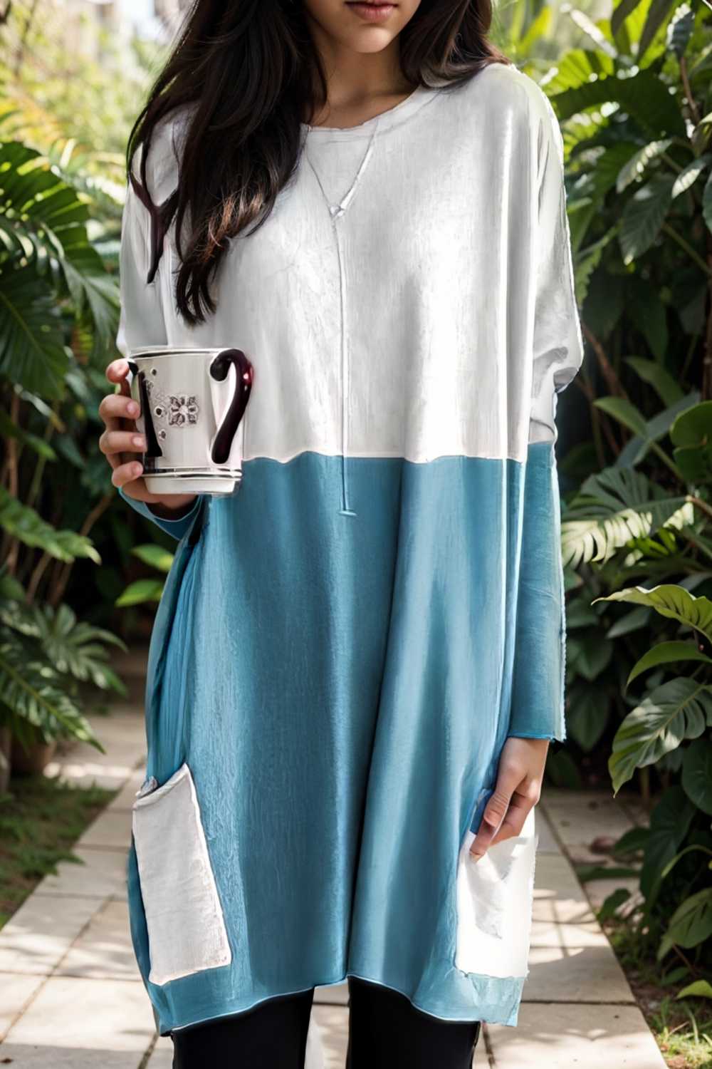 two color stitching pocket loose long sleeve t shirt