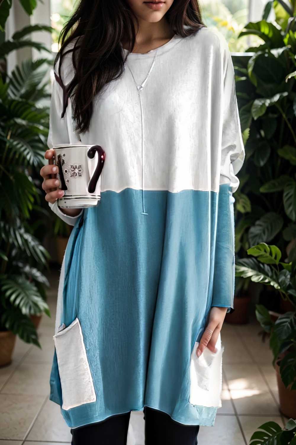 two color stitching pocket loose long sleeve t shirt