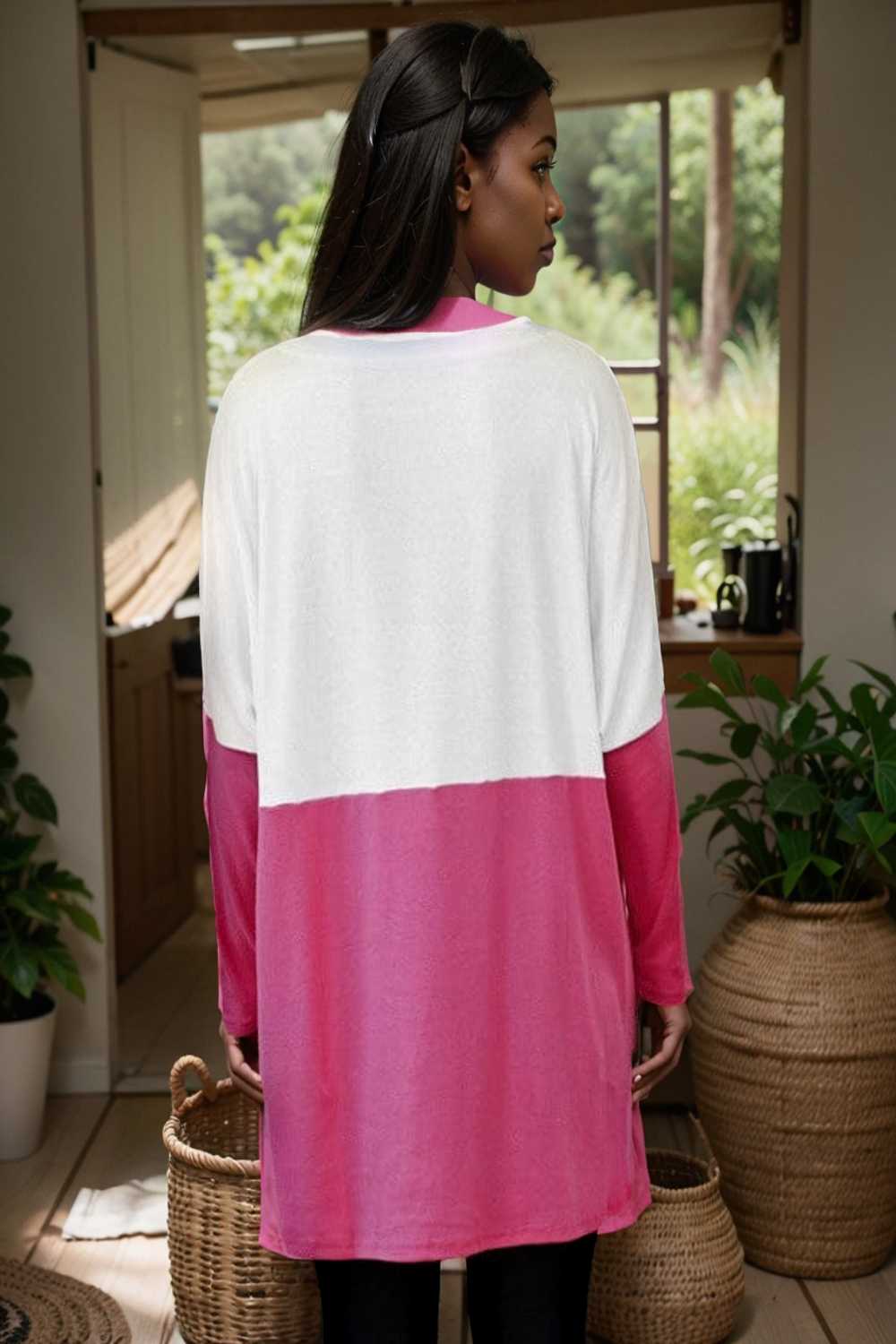 two color stitching pocket loose long sleeve t shirt