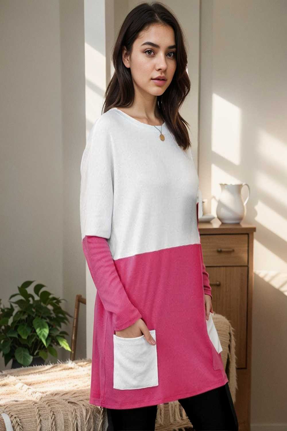 two color stitching pocket loose long sleeve t shirt