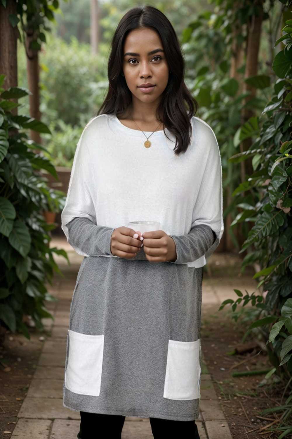 two color stitching pocket loose long sleeve t shirt