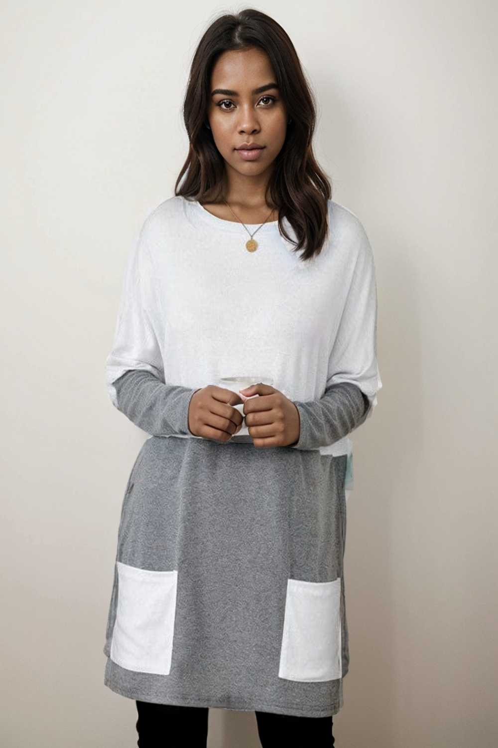 two color stitching pocket loose long sleeve t shirt