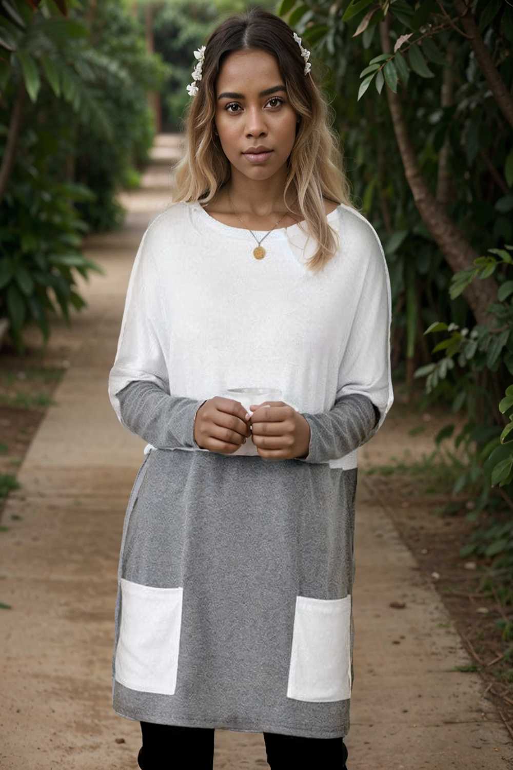 two color stitching pocket loose long sleeve t shirt