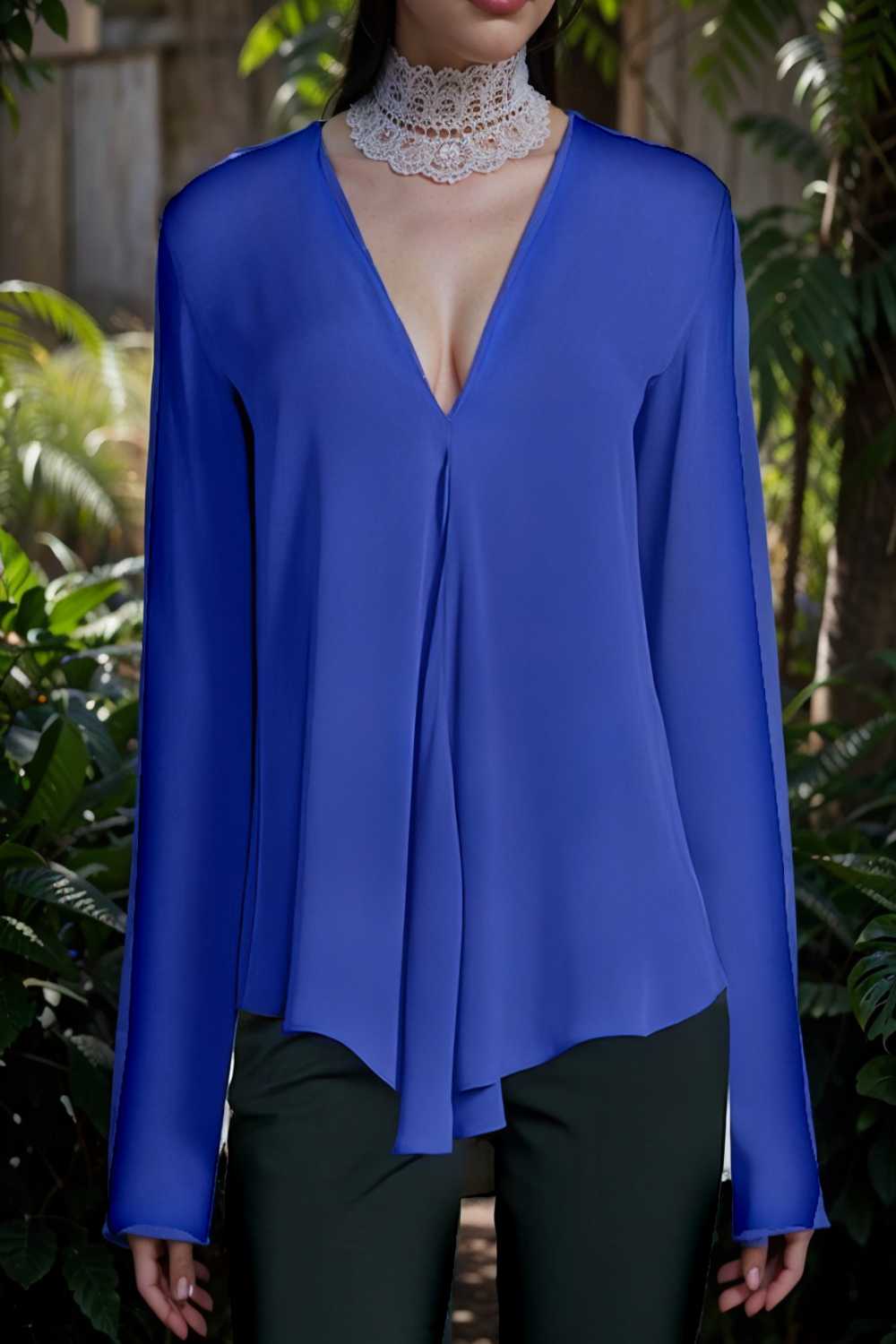 v neck long sleeved chiffon solid blouse drop shoulder closed shirt