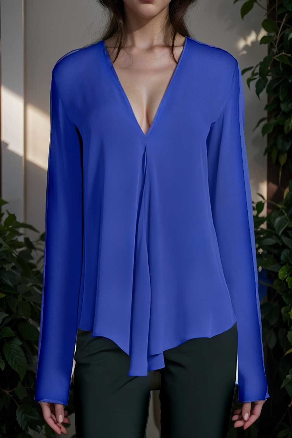 v neck long sleeved chiffon solid blouse drop shoulder closed shirt