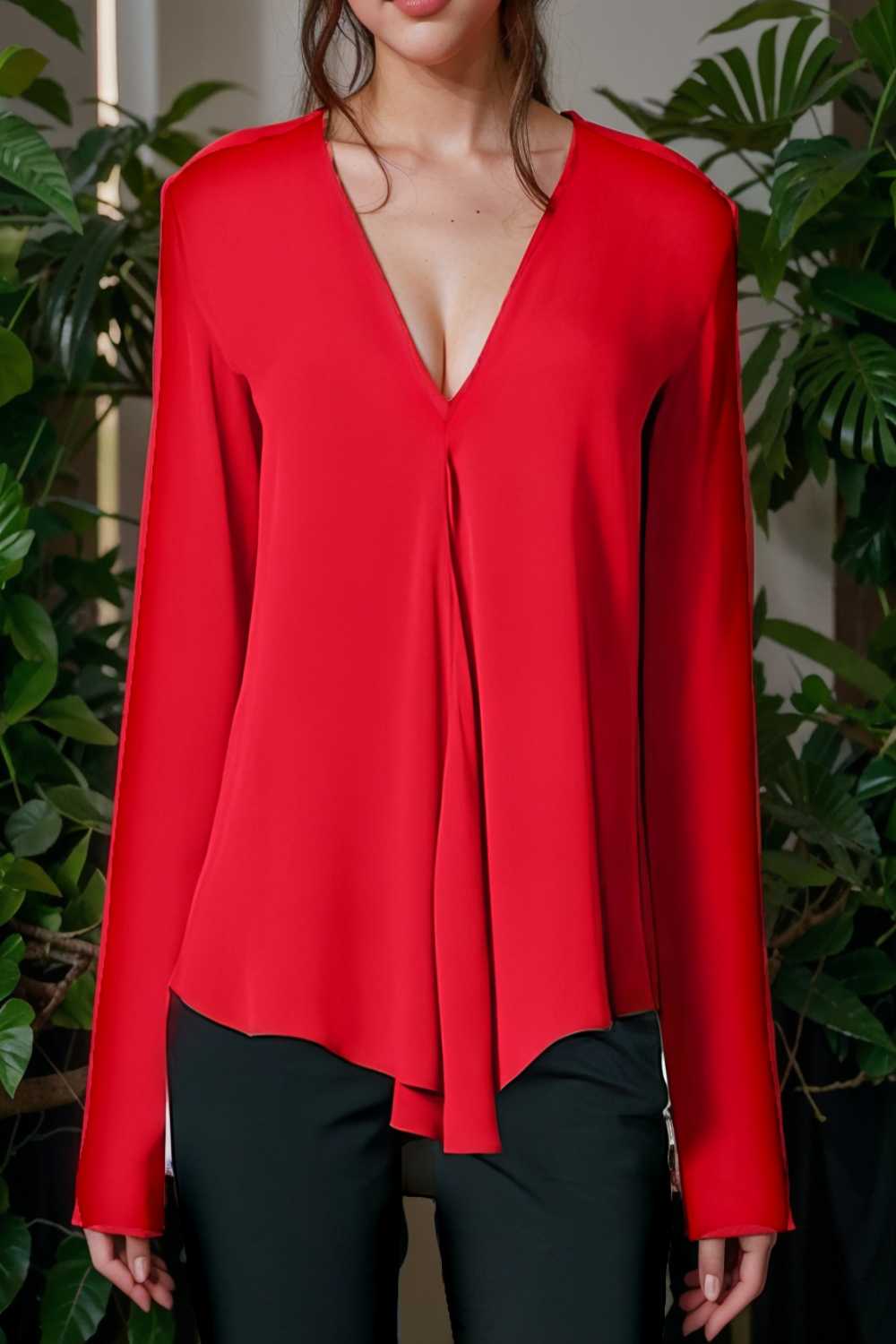 v neck long sleeved chiffon solid blouse drop shoulder closed shirt