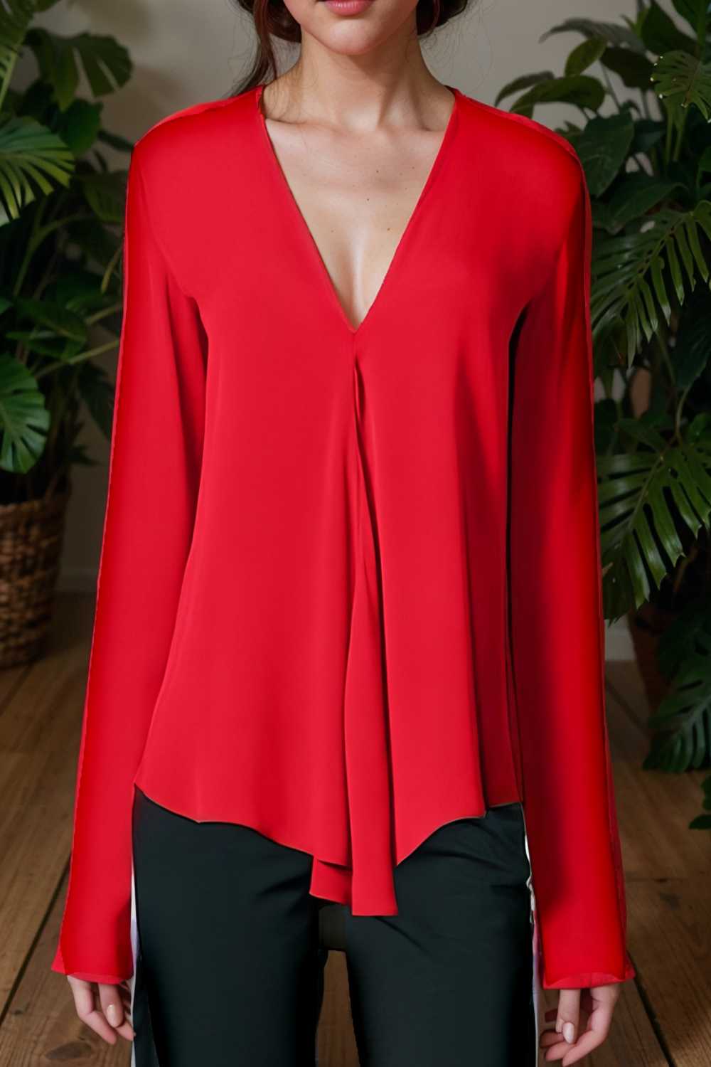 v neck long sleeved chiffon solid blouse drop shoulder closed shirt