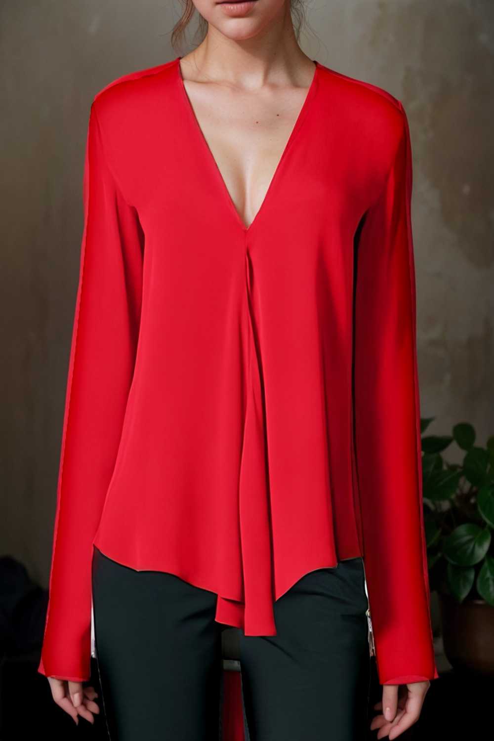 v neck long sleeved chiffon solid blouse drop shoulder closed shirt