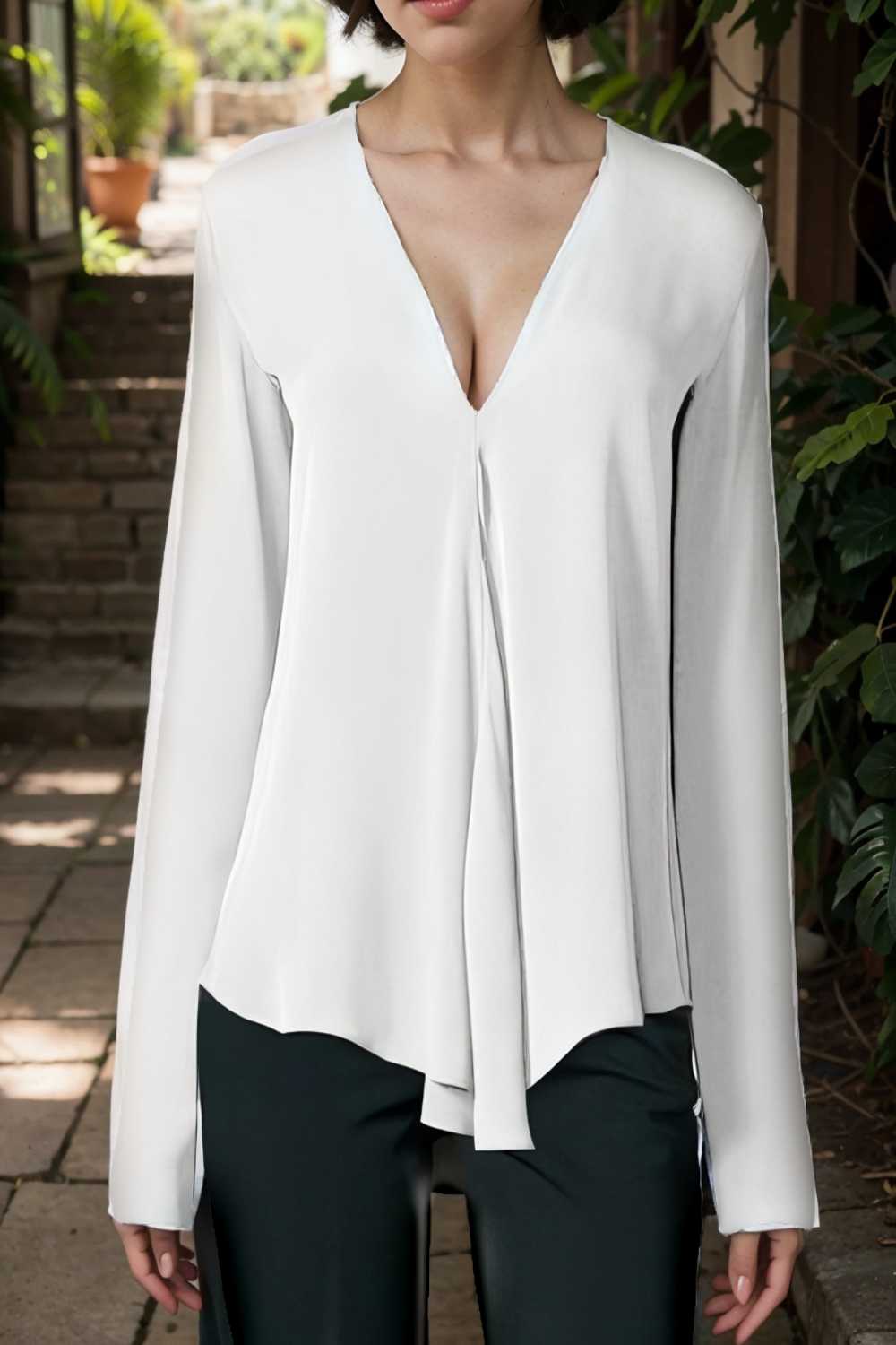 v neck long sleeved chiffon solid blouse drop shoulder closed shirt