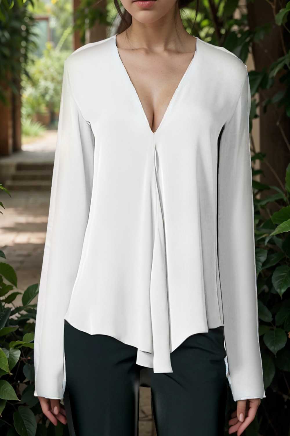 v neck long sleeved chiffon solid blouse drop shoulder closed shirt