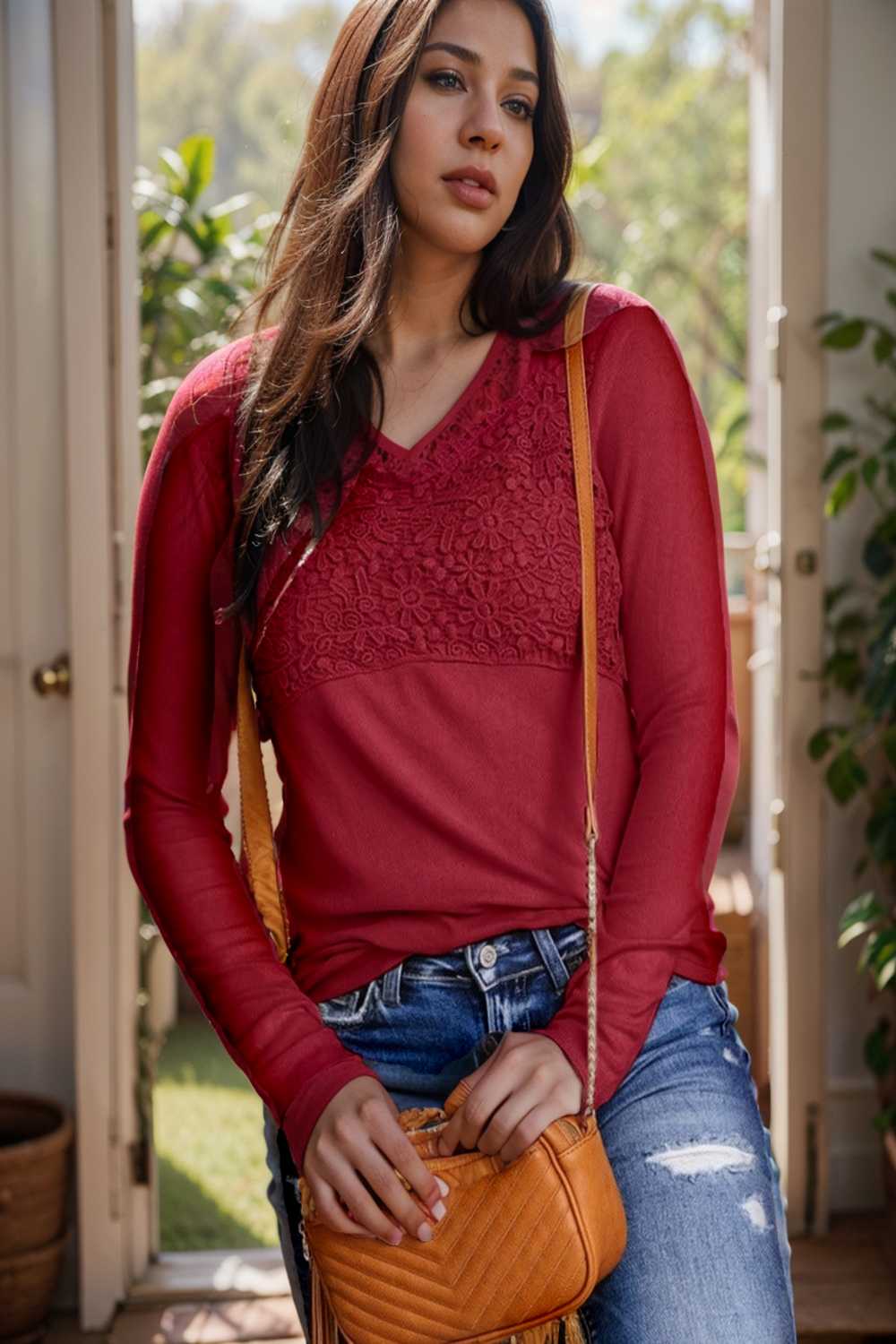v neck printed casual blouse with long sleeves