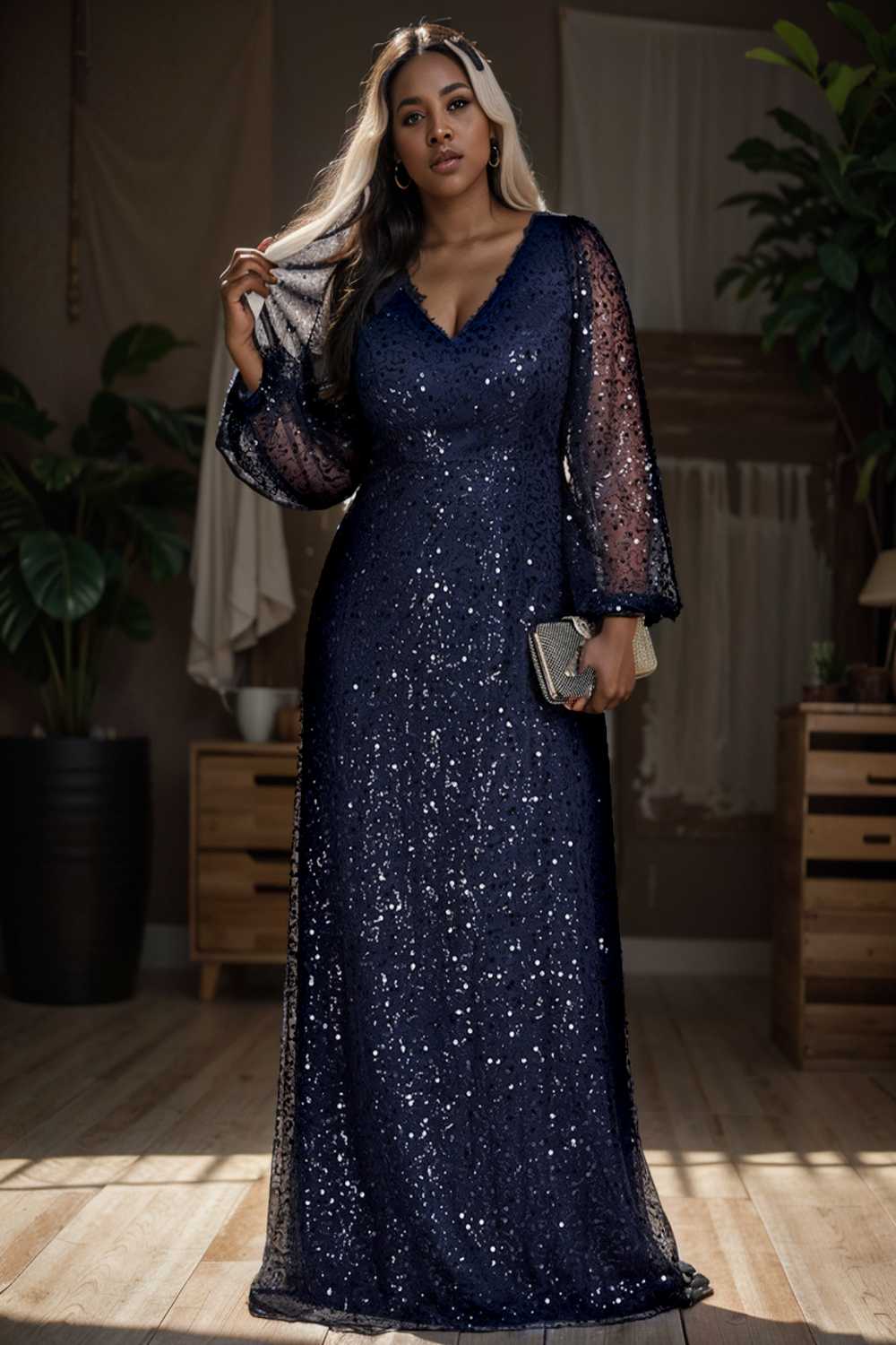 v neck sequin a line evening gown with lantern sleeves for curvy ladies
