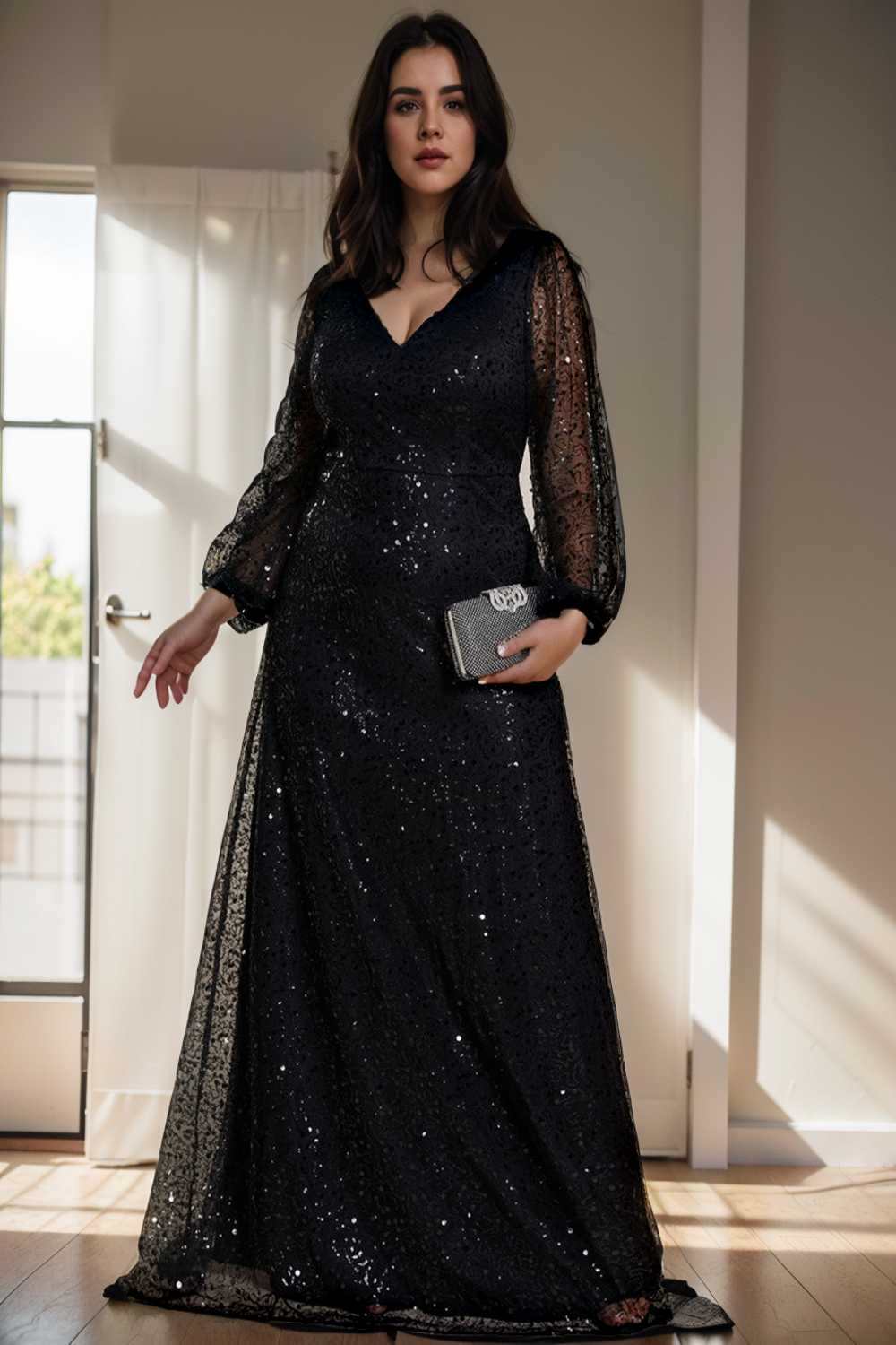 v neck sequin a line evening gown with lantern sleeves for curvy ladies