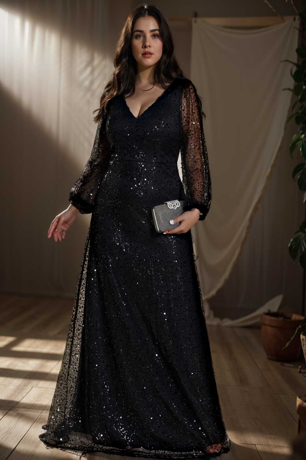v neck sequin a line evening gown with lantern sleeves for curvy ladies