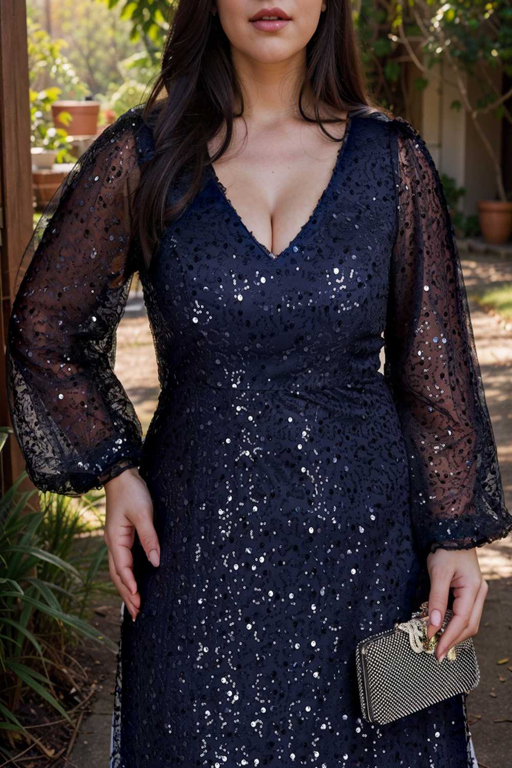 v neck sequin a line evening gown with lantern sleeves for curvy ladies