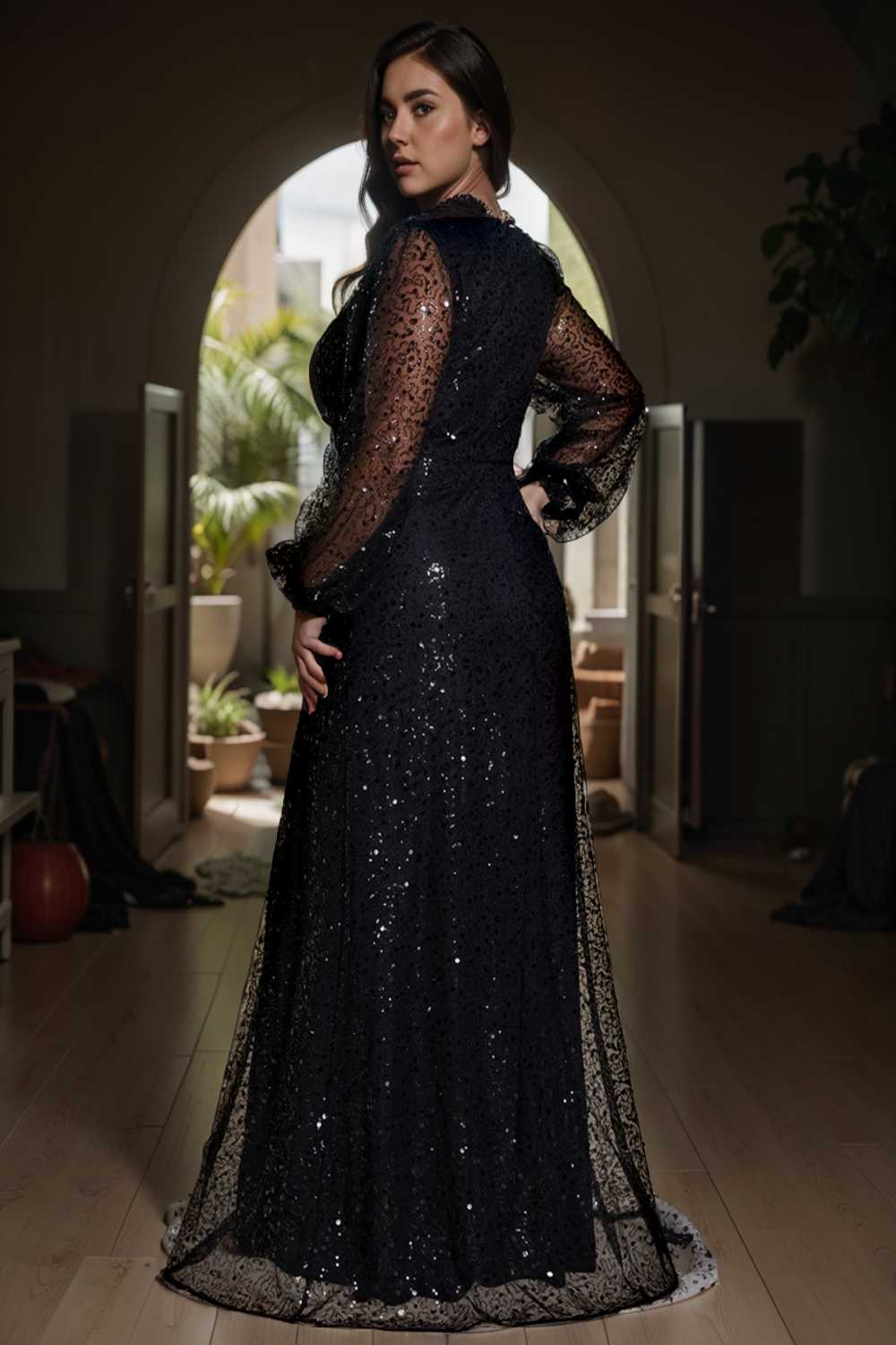 v neck sequin a line evening gown with lantern sleeves for curvy ladies