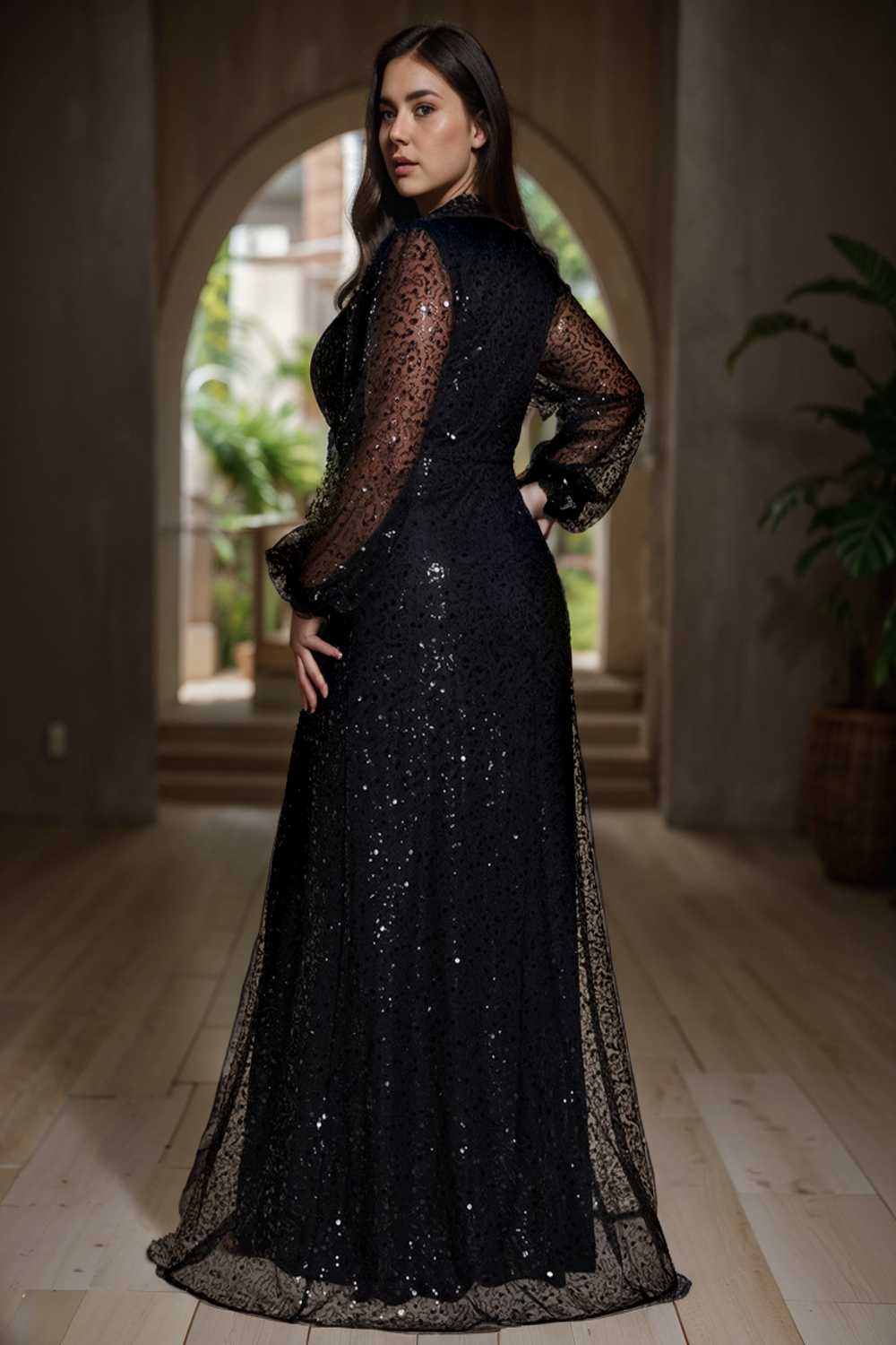 v neck sequin a line evening gown with lantern sleeves for curvy ladies