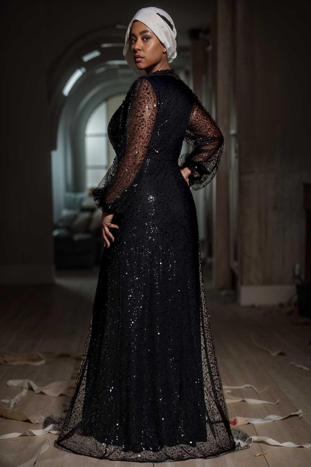 v neck sequin a line evening gown with lantern sleeves for curvy ladies
