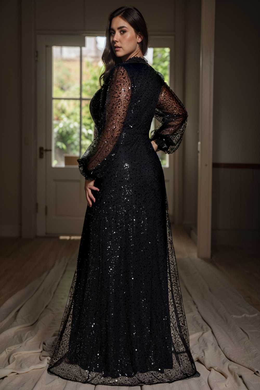 v neck sequin a line evening gown with lantern sleeves for curvy ladies