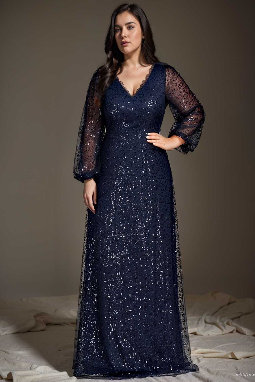 v neck sequin a line evening gown with lantern sleeves for curvy ladies