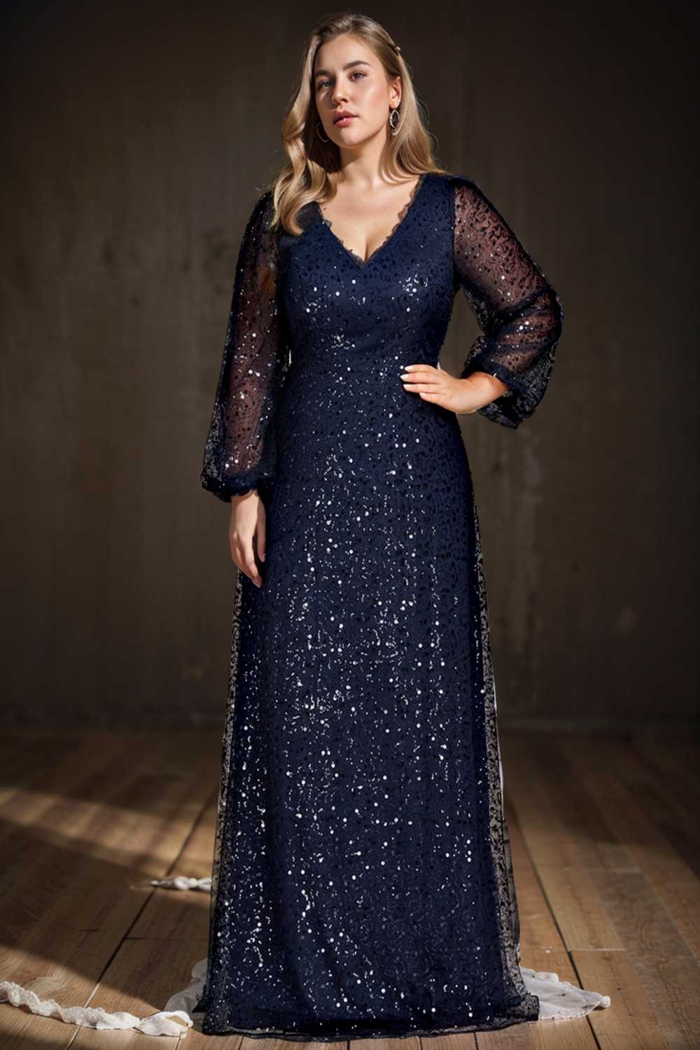 v neck sequin a line evening gown with lantern sleeves for curvy ladies