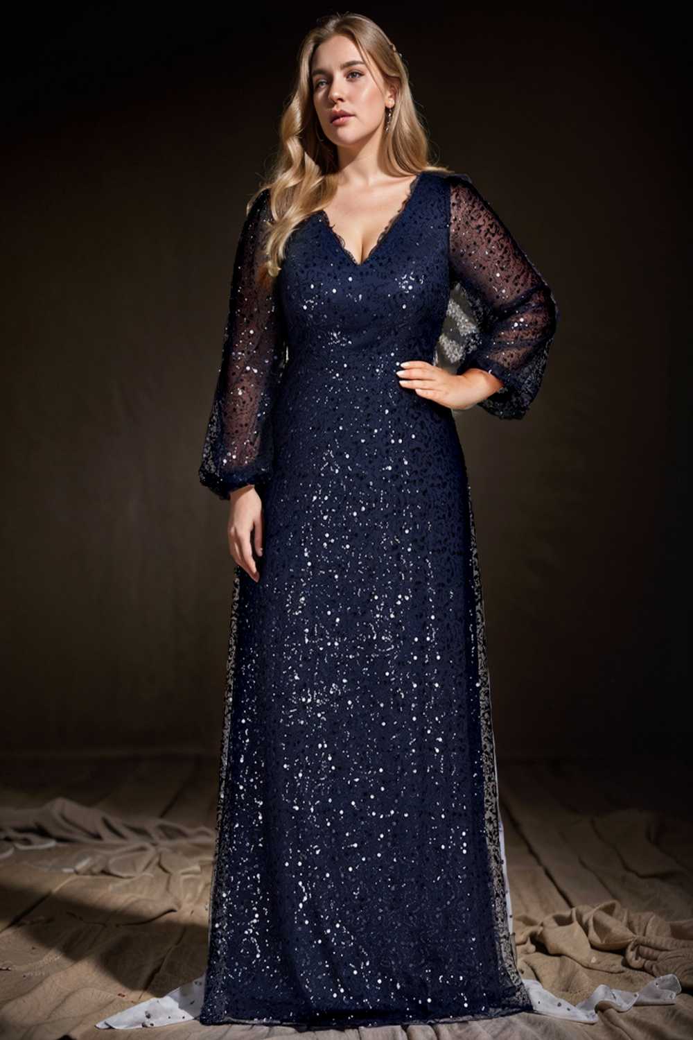 v neck sequin a line evening gown with lantern sleeves for curvy ladies