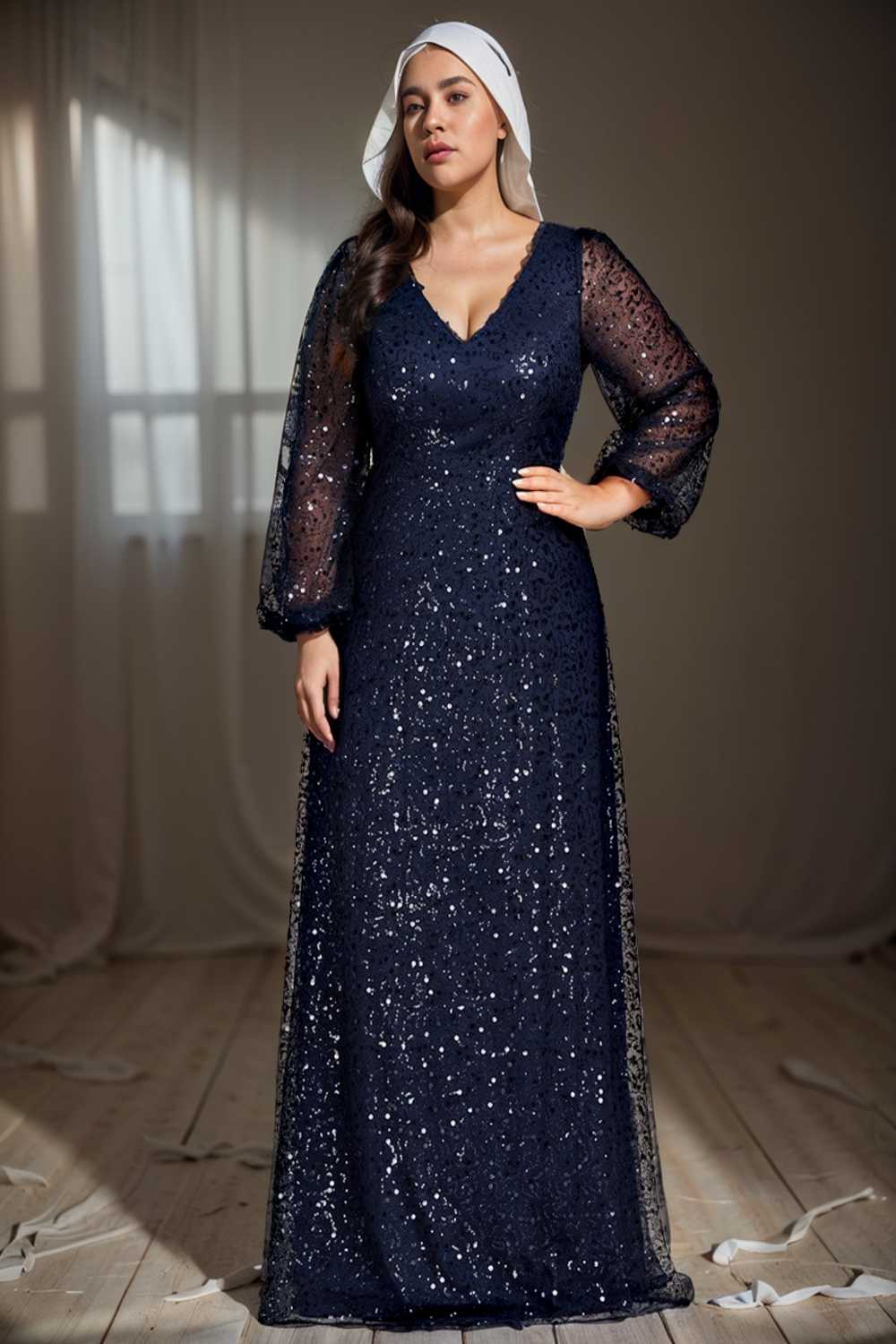 v neck sequin a line evening gown with lantern sleeves for curvy ladies