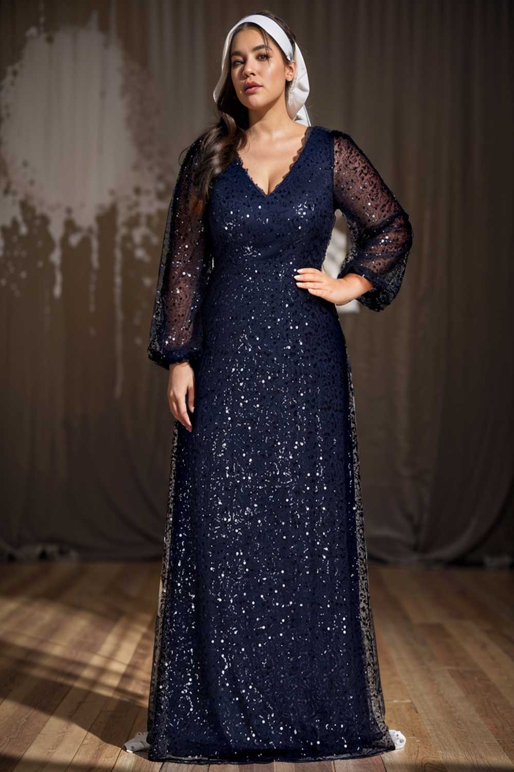 v neck sequin a line evening gown with lantern sleeves for curvy ladies