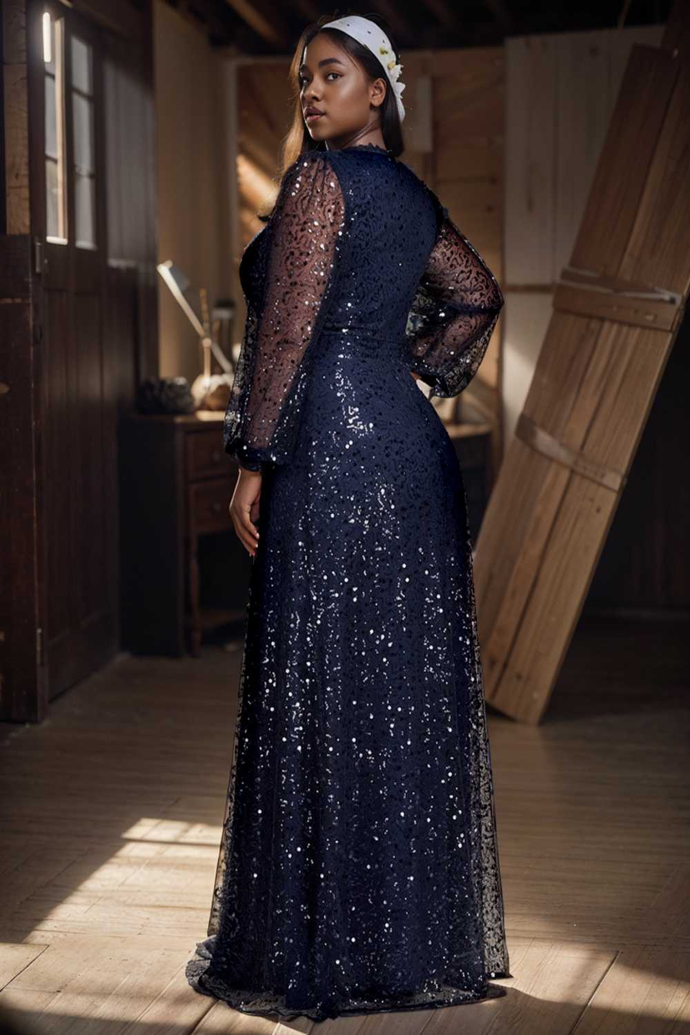 v neck sequin a line evening gown with lantern sleeves for curvy ladies