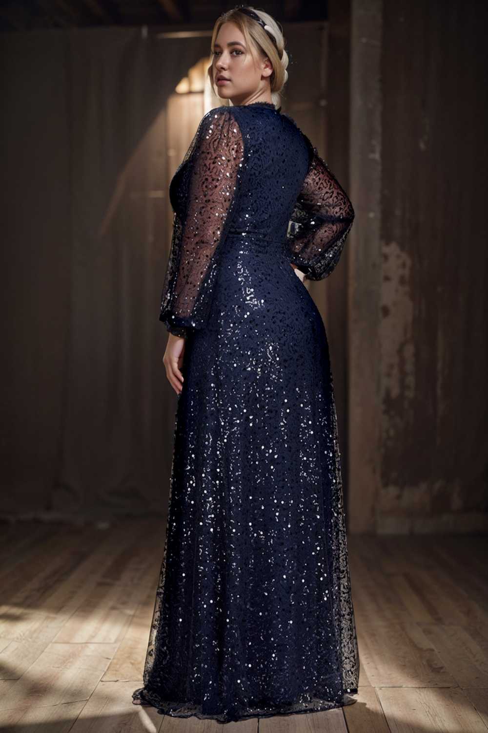 v neck sequin a line evening gown with lantern sleeves for curvy ladies