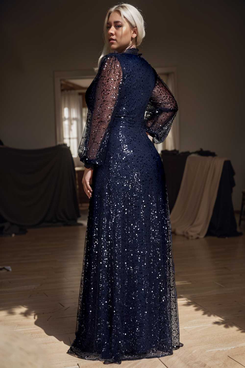 v neck sequin a line evening gown with lantern sleeves for curvy ladies