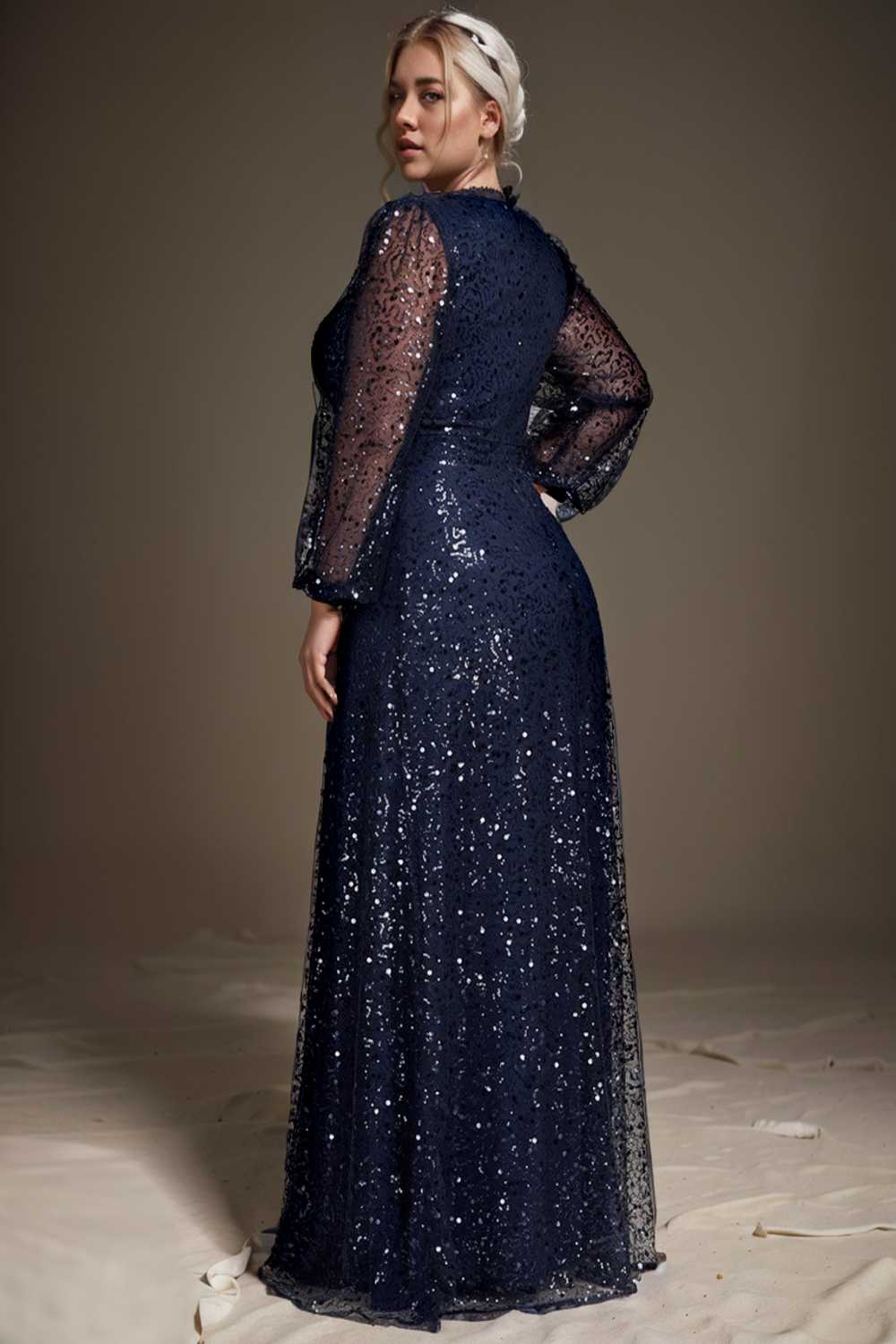 v neck sequin a line evening gown with lantern sleeves for curvy ladies