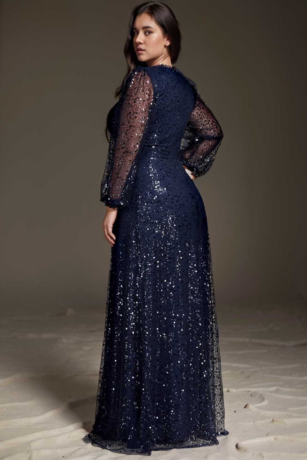 v neck sequin a line evening gown with lantern sleeves for curvy ladies
