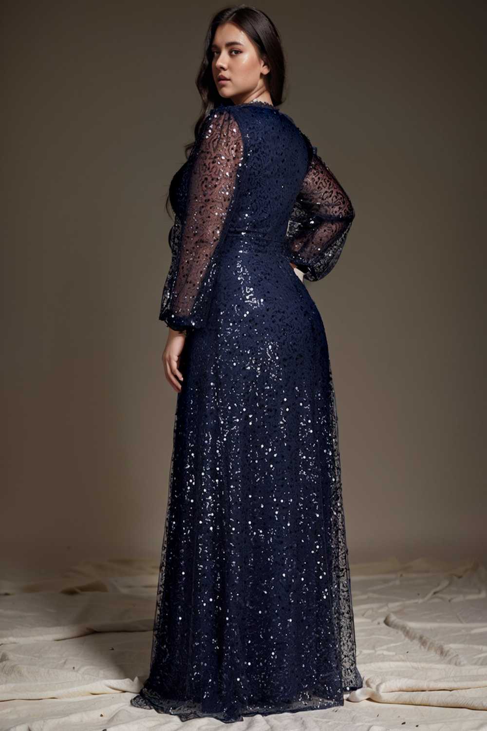 v neck sequin a line evening gown with lantern sleeves for curvy ladies
