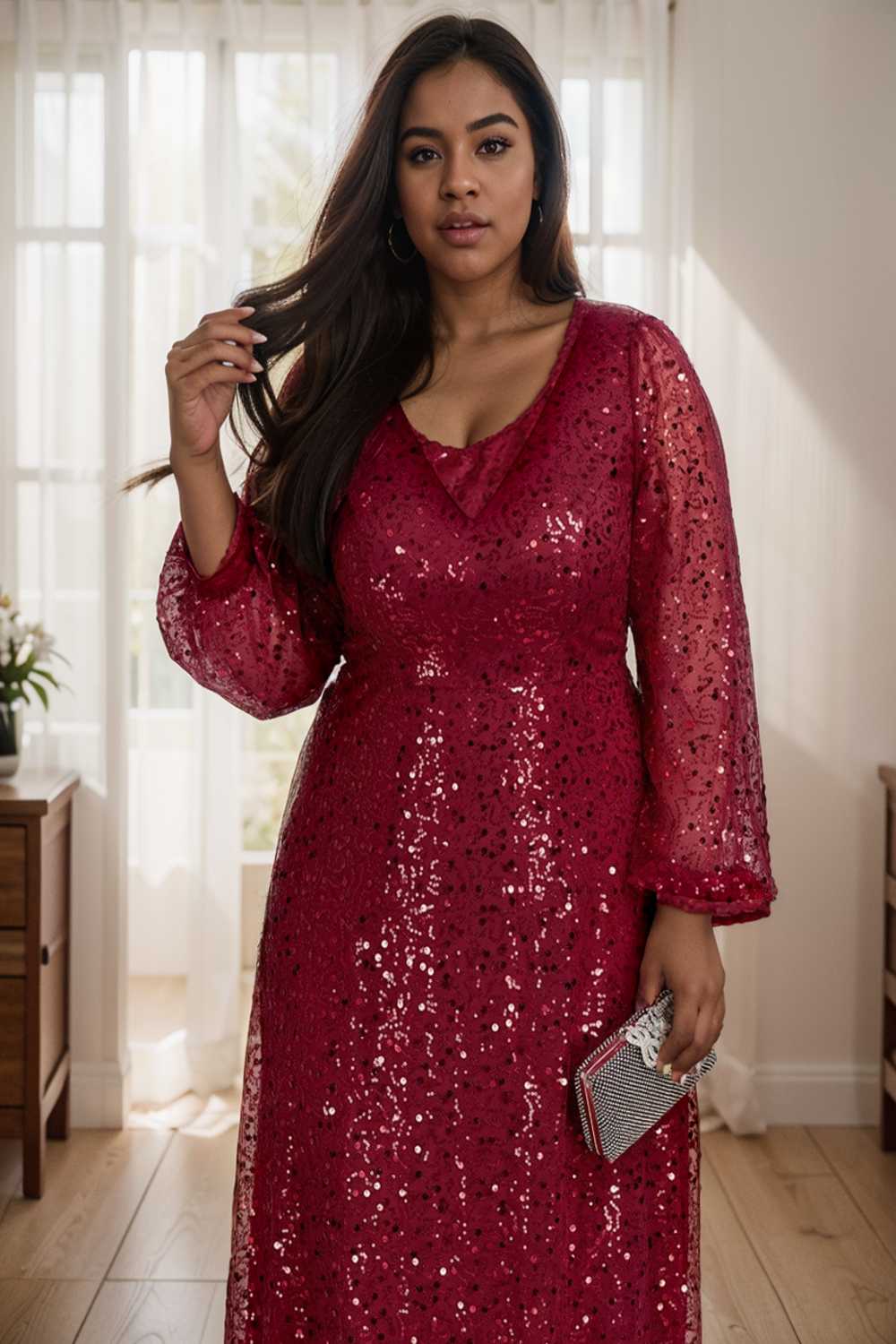 v neck sequin a line evening gown with lantern sleeves for curvy ladies