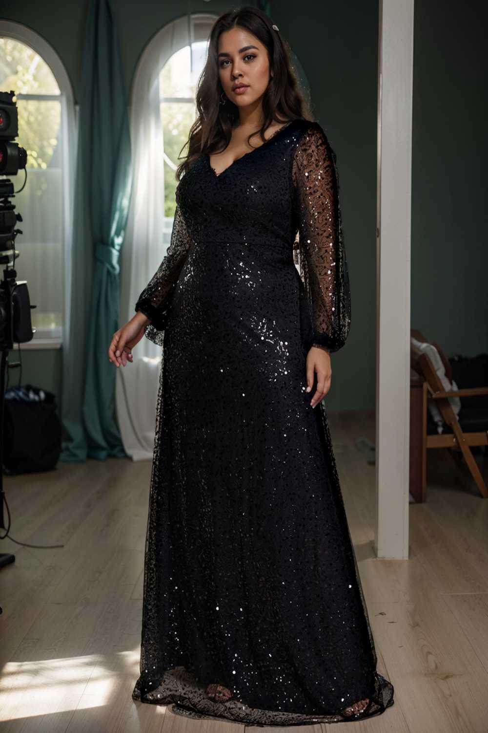 v neck sequin a line evening gown with lantern sleeves for curvy ladies