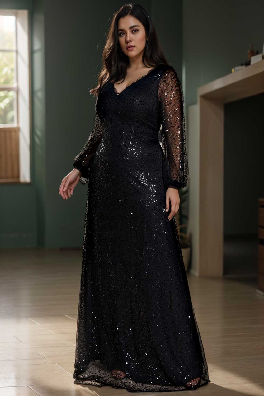 v neck sequin a line evening gown with lantern sleeves for curvy ladies