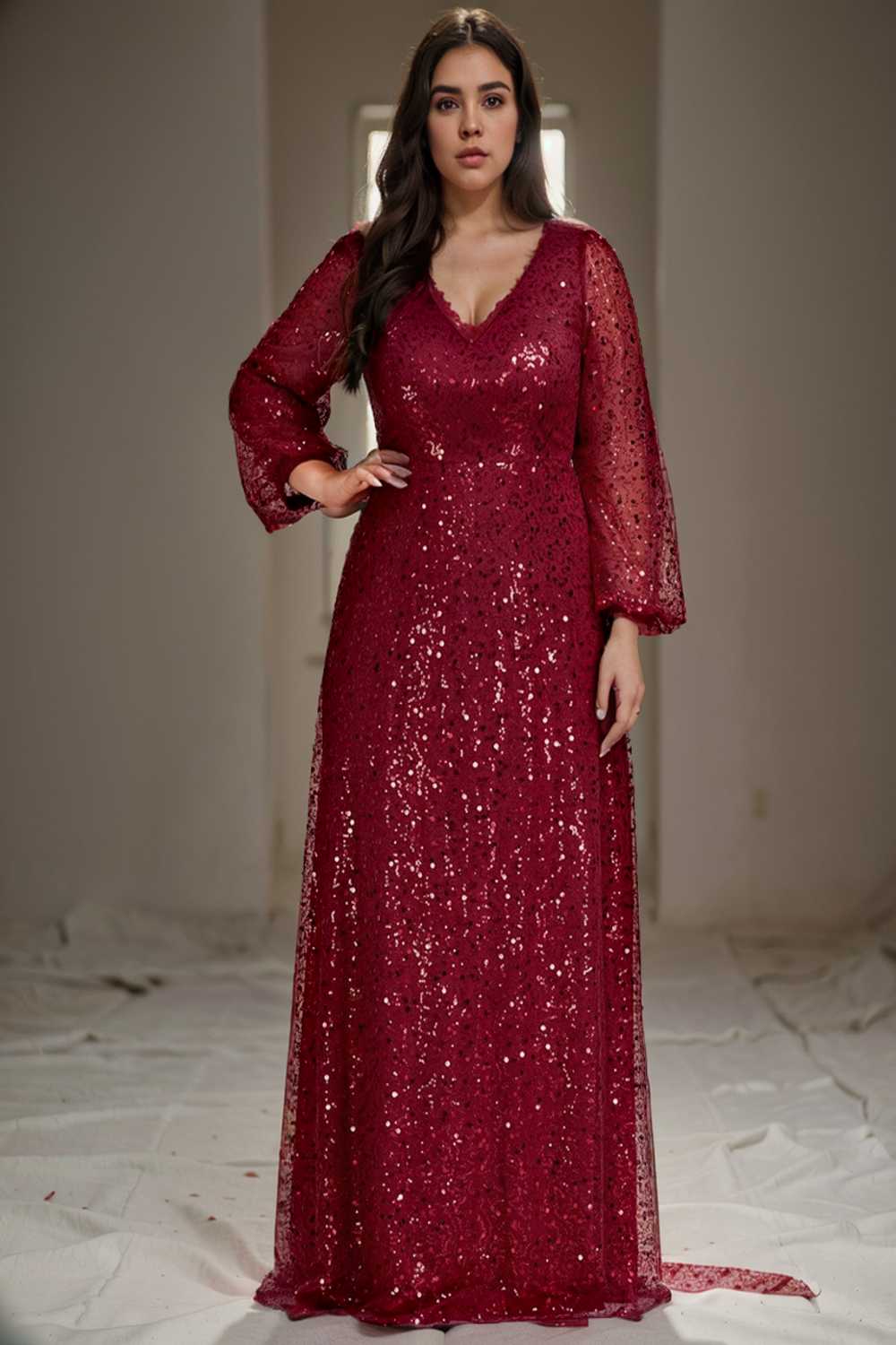 v neck sequin a line evening gown with lantern sleeves for curvy ladies