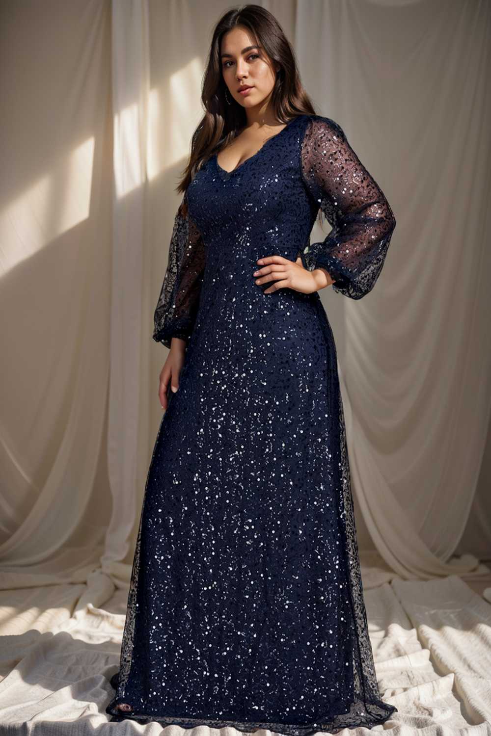 v neck sequin a line evening gown with lantern sleeves for curvy ladies