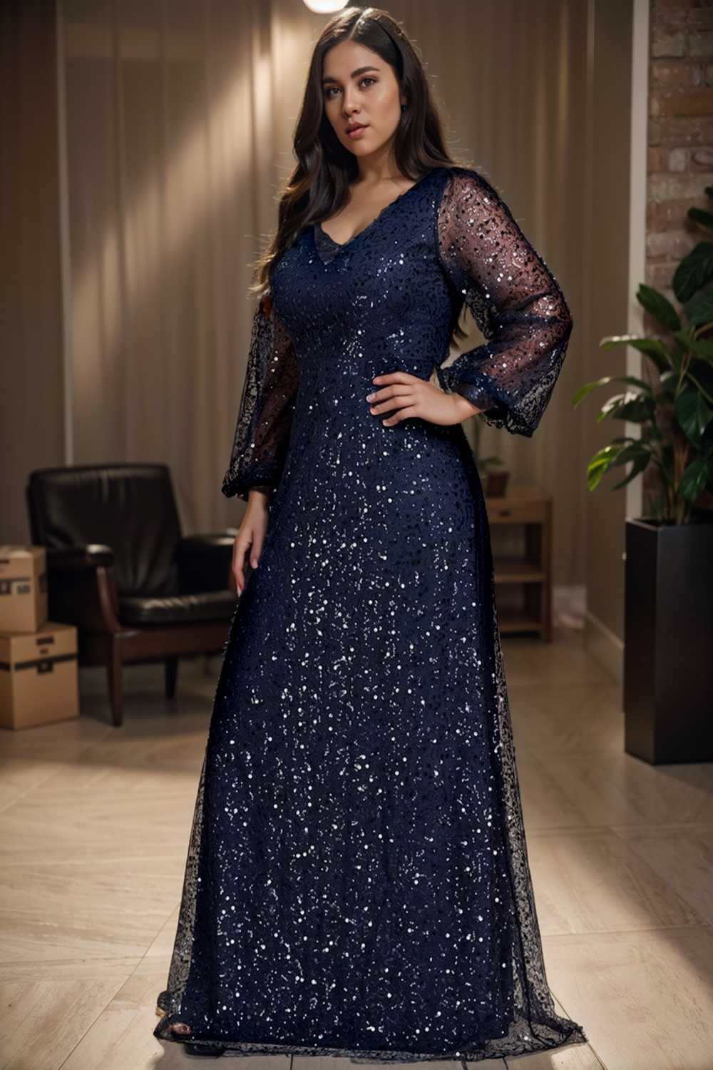 v neck sequin a line evening gown with lantern sleeves for curvy ladies