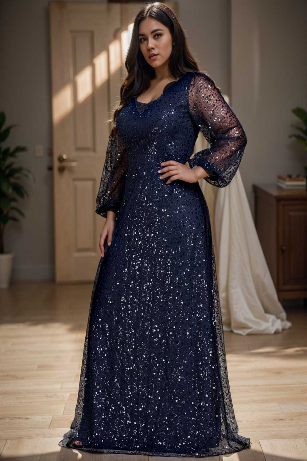 v neck sequin a line evening gown with lantern sleeves for curvy ladies
